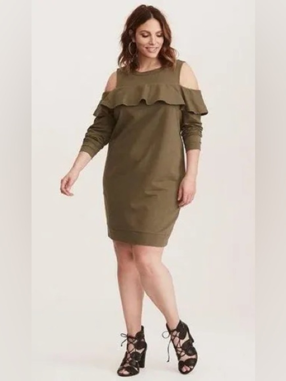 Cold-Shoulder Ruffle Shift Dress in Olive